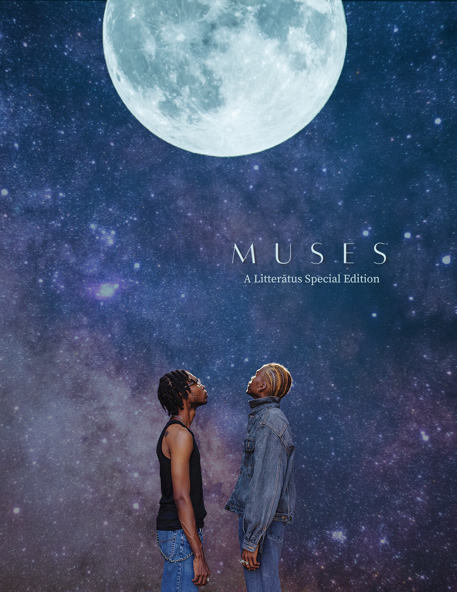 Two brown skin people standing in front of stars looking up at the moon. Muses, A Litteratus Special Edition is in front of the starry sky backdrop.